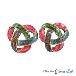 Vintage 1980s Colorful Enamel Knot Gold Tone Pierced Earrings